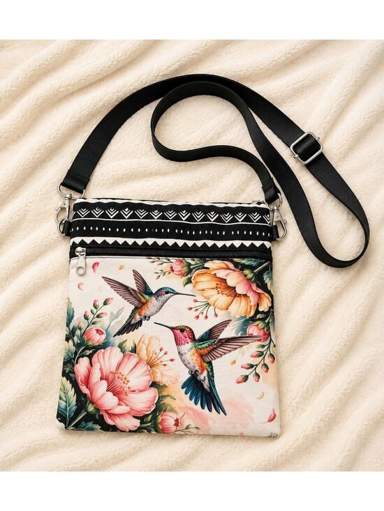 Handbags - Hummingbird Floral Crossbody Bag with Adjustable Strap